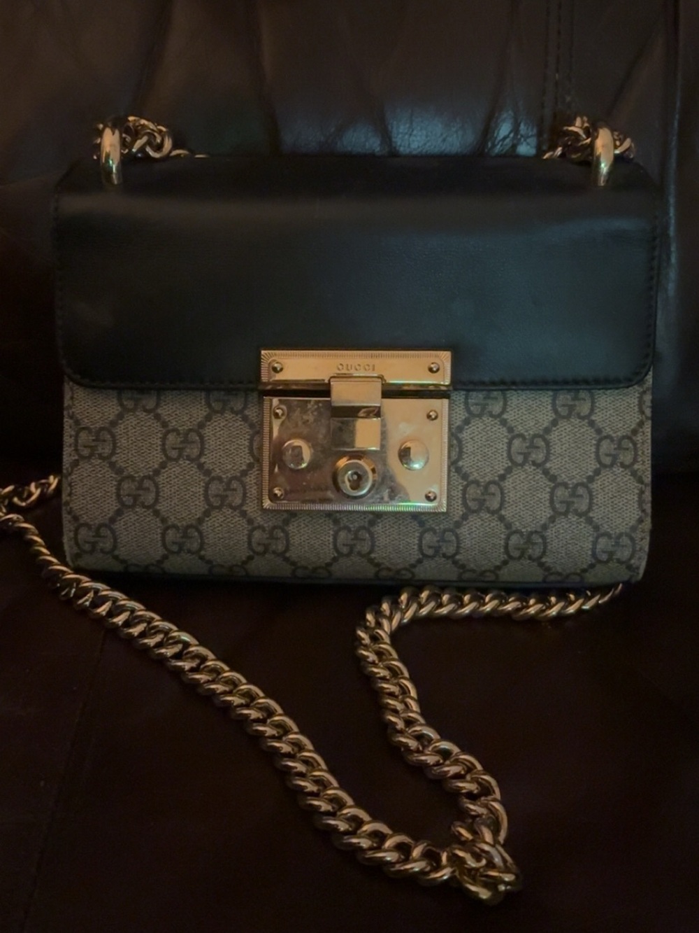 Gucci Black Leather & Beige GG Canvas Shoulder Bag with Gold Chain